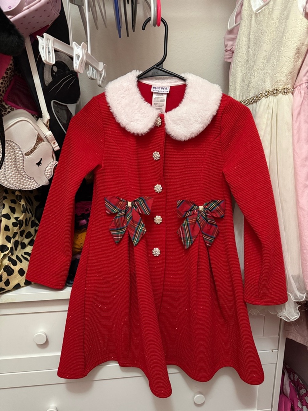 Red Girls Holiday Coat with White Faux Fur Collar